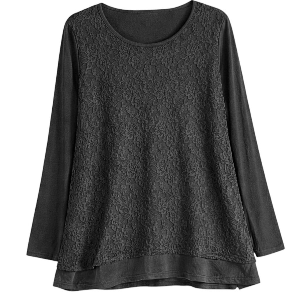 Women's Black Lace Tunic Top Basic Flowy Long Sleeve Blouse Plus & Regular Size - Picture 3 of 5